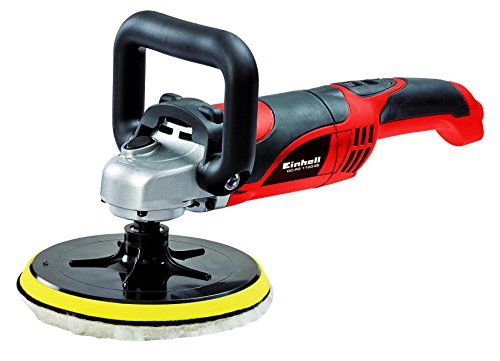 Einhell CC-PO 1100/2E Polisseuse et ponceuse auto (230 V, puissance 1100 W, oscillations par min. 1000-3500, diam. Plateau 18 cm, env casque en coton, casque synthétique et 3 feuilles abrasif)